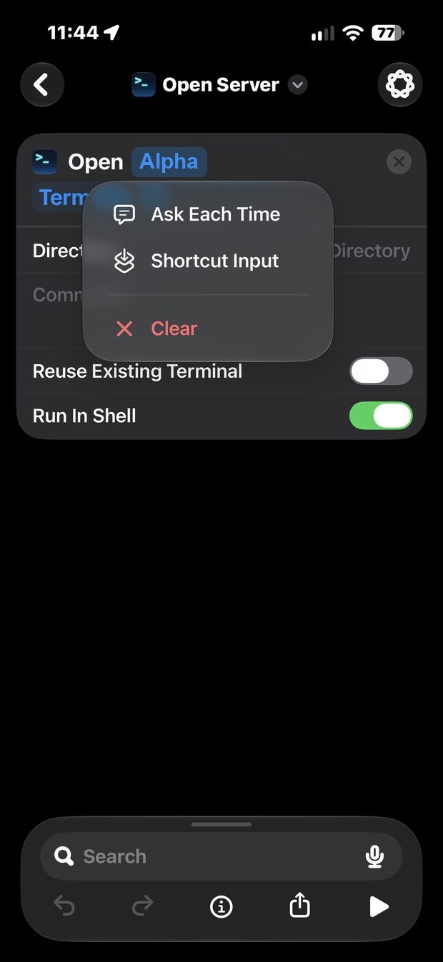 A long-press menu over the Server field offering Ask Each Time, Shortcut Input, and Clear