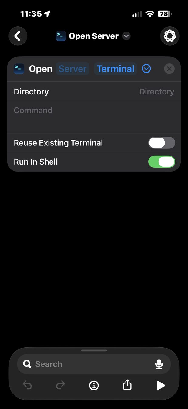 The Open Server Terminal action in Shortcuts with an empty Server field, Directory and Command blank, Reuse Existing Terminal off and Run In Shell on