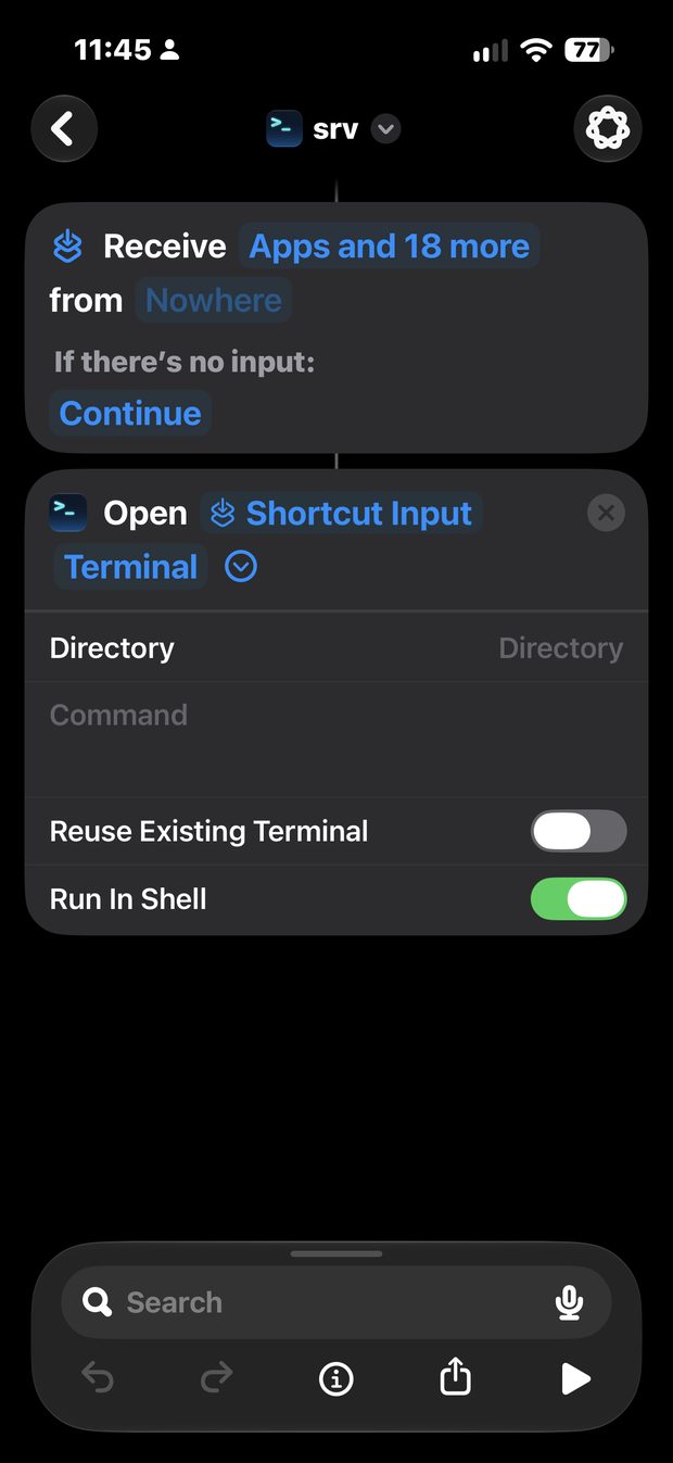 The finished shortcut named srv, with a Receive block at the top and the Open action's Server set to Shortcut Input